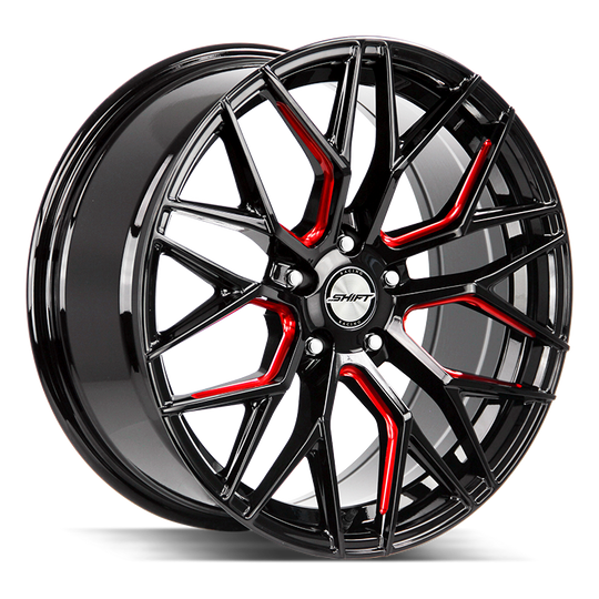 H33052035GBMLR - Shift H33 Spring 20X8.5 5x120 35mm Gloss Black Candy Red Milled - Shift Wheels Canada
