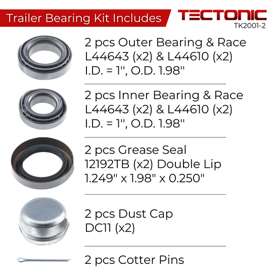 TK2001-2 Tectonic Trailer Bearing Kit - Complete Trailer Bearing Kit with Races, Seals & Dust Cap for Use with 1" ID spindle size and 2000 lbs axles