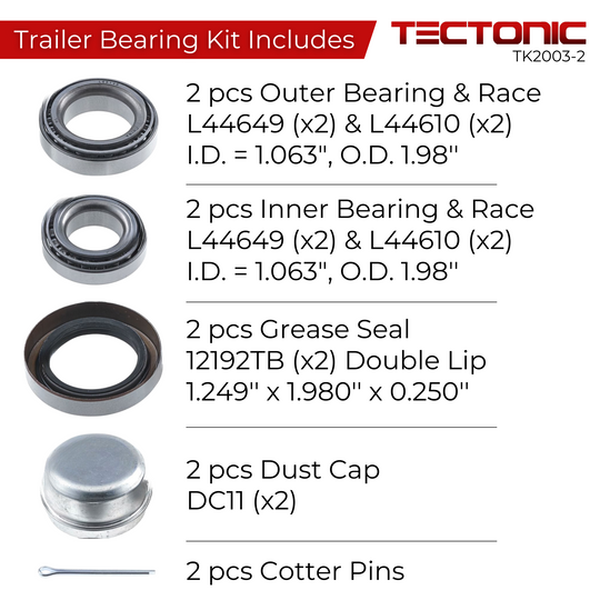 TK2003-2 Tectonic Trailer Bearing Kit - Complete Trailer Bearing Kit with Races, Seals & Dust Cap for Use with 1 1/16" ID spindle size and 2000-2200 lbs axles