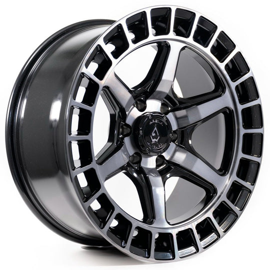 A107179084P00106 - Arena Torque 17X9 6X139.7 1mm Glossy Black Machined Ddt Face And Lip - Arena Wheels Canada