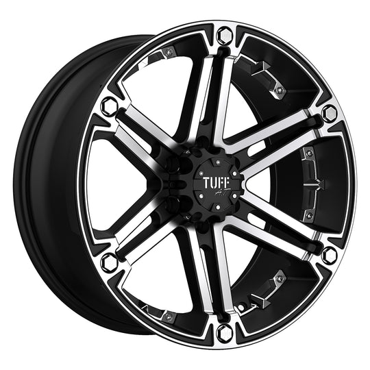 1580T01-35127F78C - Tuff T01 15X8 5X127 -13 mm Flat Black W/ Machined Face And Chrome Inserts - Tuff Wheels Canada