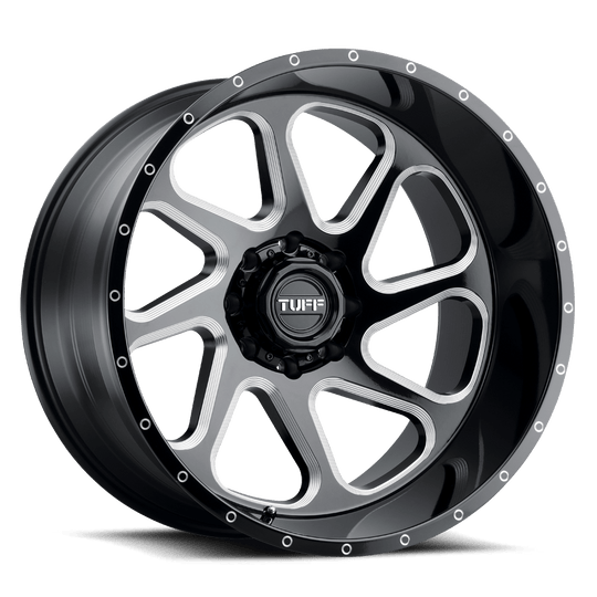 2212T2B-58170B25L - Tuff T2B 22X12 8X170 -45 mm Gloss Black W/ Milled Spokes - Tuff Wheels Canada