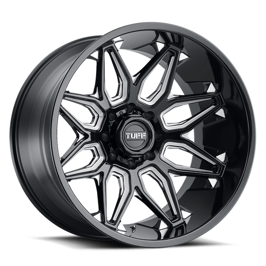 2012T3B-56140B12 - Tuff T3B 20X12 6X139.7 -45 mm Gloss Black W/ Milled Spokes - Tuff Wheels Canada
