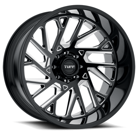 2212T4B-58180B25R - Tuff T4B 22X12 8X180 -45 mm Gloss Black W/ Milled Spokes - Tuff Wheels Canada