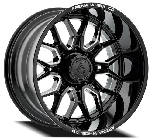 A117222089N04416 - Arena Violator 22X12 6X135 -44mm Gloss Black And Milled - Arena Wheels Canada