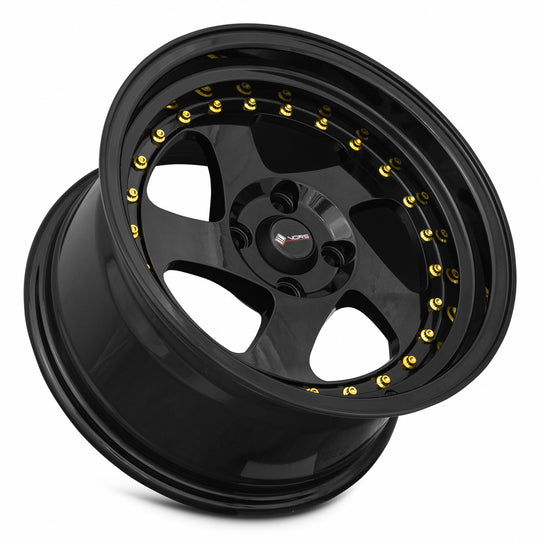 VR02158040020BK-408 - Vors VR2 15X8 4X108 20MM All Black Gold Rivet - Vors Wheels Canada