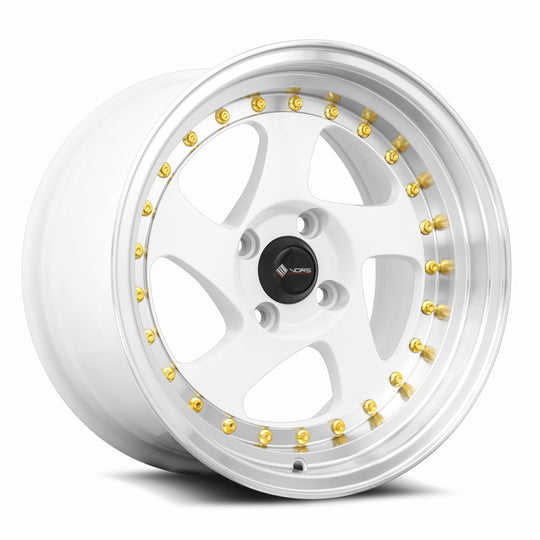 VR02158040020W-498 - Vors VR2 15X8 4X98 20MM White Machine Lip Gold Rivet - Vors Wheels Canada