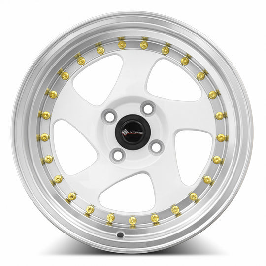 VR02158040020W-498 - Vors VR2 15X8 4X98 20MM White Machine Lip Gold Rivet - Vors Wheels Canada