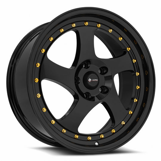 VR02188051435BK-512 - Vors VR2 18X8 5X112 35MM All Black Gold Rivet - Vors Wheels Canada