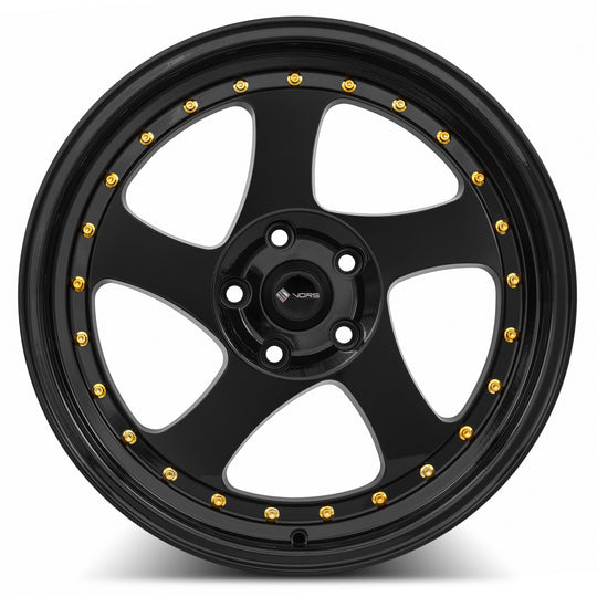 VR02188051435BK - Vors VR2 18X8 5X114.3 35MM All Black Gold Rivet - Vors Wheels Canada