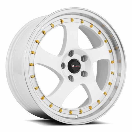 VR02188051435W-520 - Vors VR2 18X8 5X120 35MM White Machine Lip Gold Rivet - Vors Wheels Canada