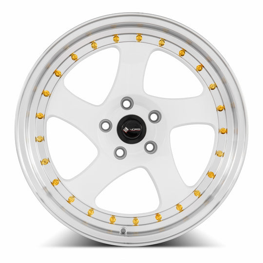 VR02188051435W - Vors VR2 18X8 5X114.3 35MM White Machine Lip Gold Rivet - Vors Wheels Canada