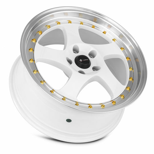 VR02188051435W - Vors VR2 18X8 5X114.3 35MM White Machine Lip Gold Rivet - Vors Wheels Canada