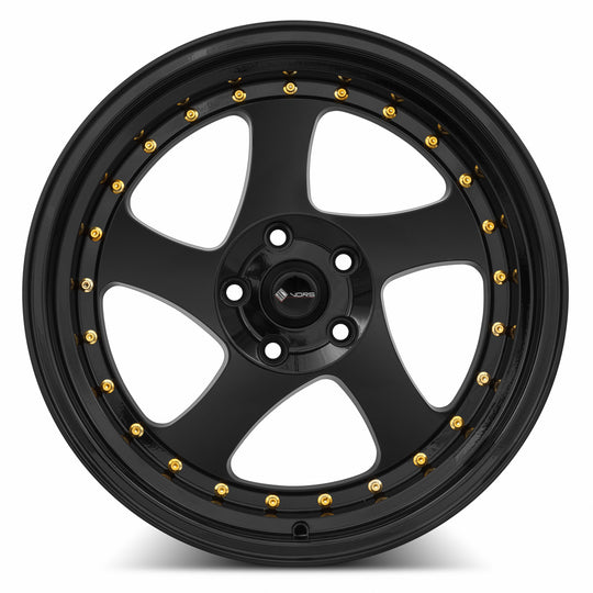 VR02189051435BK - Vors VR2 18X9 5X114.3 35MM All Black Gold Rivet - Vors Wheels Canada