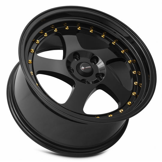 VR02189051435BK - Vors VR2 18X9 5X114.3 35MM All Black Gold Rivet - Vors Wheels Canada