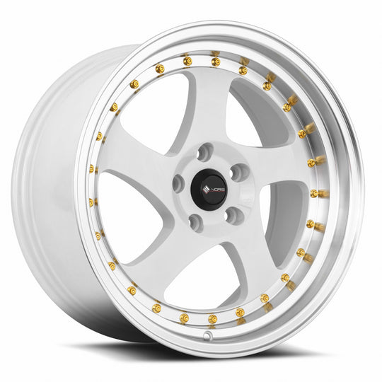 VR02189051435W - Vors VR2 18X9 5X114.3 35MM White Machine Lip Gold Rivet - Vors Wheels Canada