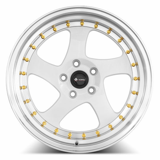 VR02189051435W - Vors VR2 18X9 5X114.3 35MM White Machine Lip Gold Rivet - Vors Wheels Canada