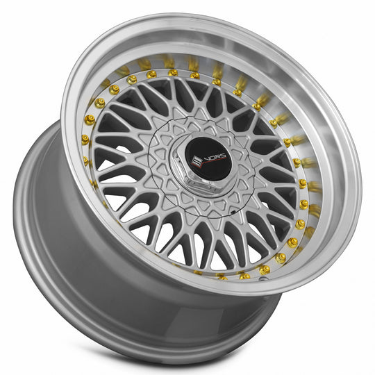 VR0316808H20S-408 - Vors VR3 16X8 4X108 20MM Silver Machine Lip Gold Rivet - Vors Wheels Canada