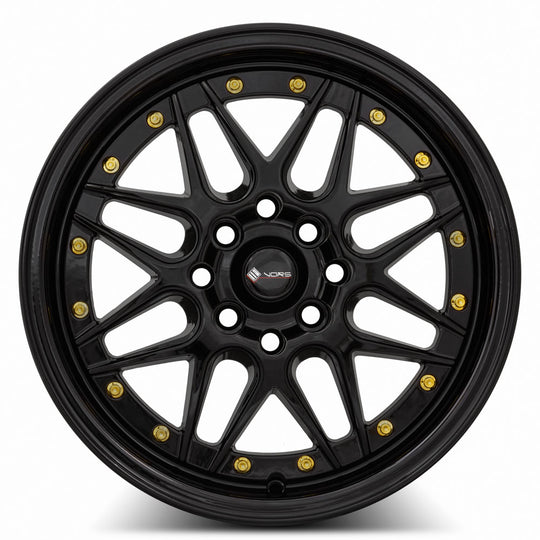 VR0715708H35BK-408 - Vors VR7 15X7 4X108 35MM All Black Gold Rivet - Vors Wheels Canada