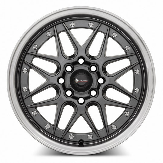 VR0715708H35GM-408 - Vors VR7 15X7 4X108 35MM Gun Metal Machine Lip Chrome Rivet - Vors Wheels Canada