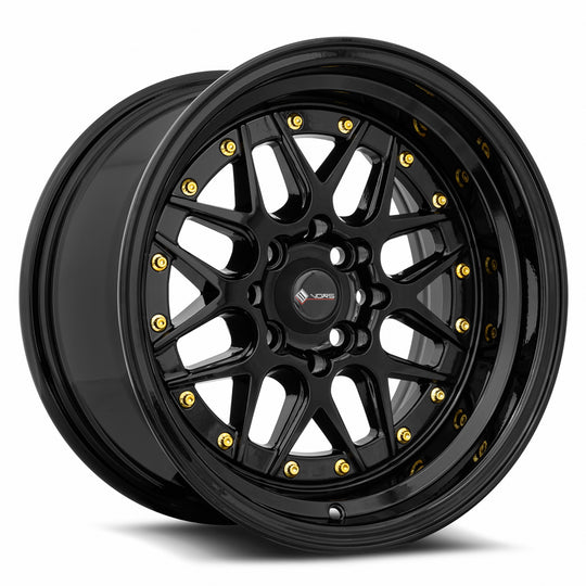 VR0715808H0BK - Vors VR7 15X8 4X114.3 / 4X100 0mm All Black Gold Rivet - Vors Wheels Canada