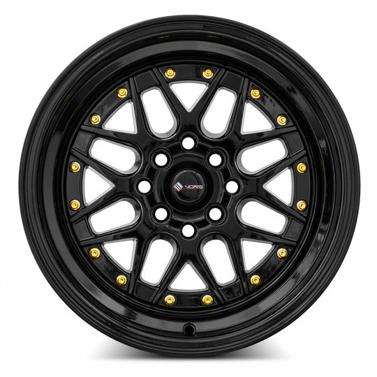 VR0715808H0BK-408 - Vors VR7 15X8 4X108 0MM All Black Gold Rivet - Vors Wheels Canada