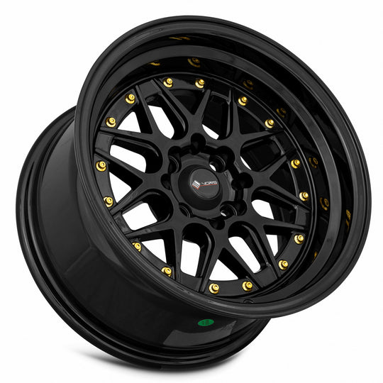 VR0715808H0BK - Vors VR7 15X8 4X114.3 / 4X100 0mm All Black Gold Rivet - Vors Wheels Canada