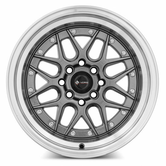 VR0715808H0GM-408 - Vors VR7 15X8 4X108 0MM Gun Metal Machine Lip Chrome Rivet - Vors Wheels Canada