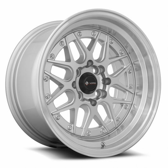 VR0715808H0S-408 - Vors VR7 15X8 4X108 0MM Silver Machine Face Lip Chrome Rivet - Vors Wheels Canada
