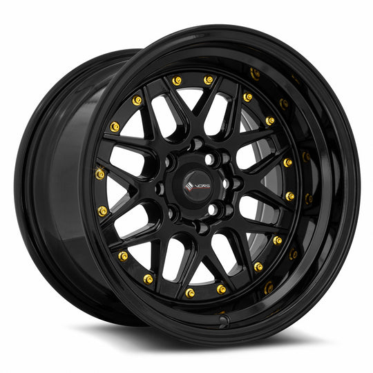 VR0715908H0BK-408 - Vors VR7 15X9 4X108 0MM All Black Gold Rivet - Vors Wheels Canada