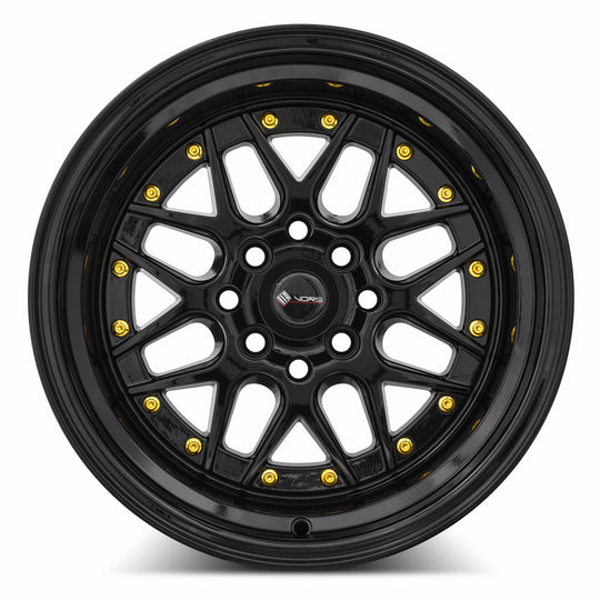 VR0715908H0BK-498 - Vors VR7 15X9 4X98 0MM All Black Gold Rivet - Vors Wheels Canada