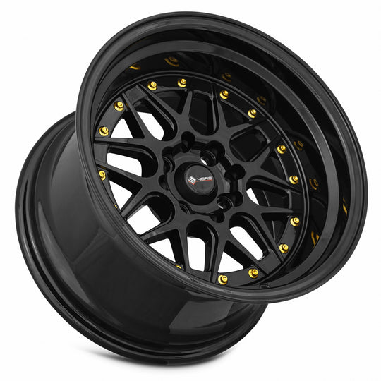 VR0715908H0BK-408 - Vors VR7 15X9 4X108 0MM All Black Gold Rivet - Vors Wheels Canada
