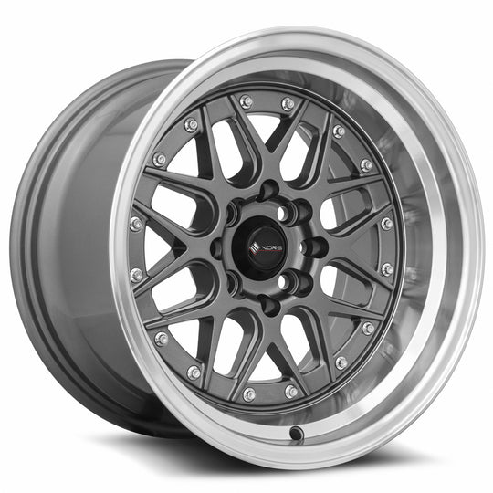 VR0715908H0GM-498 - Vors VR7 15X9 4X98 0MM Gun Metal Machine Lip Chrome Rivet - Vors Wheels Canada