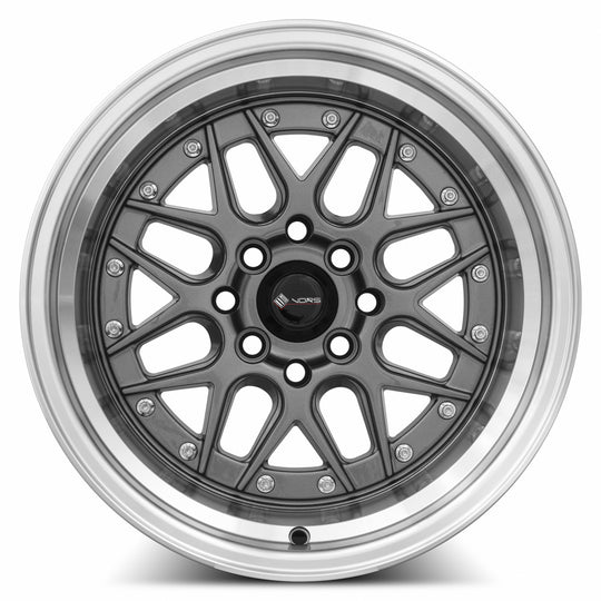 VR0715908H0GM-498 - Vors VR7 15X9 4X98 0MM Gun Metal Machine Lip Chrome Rivet - Vors Wheels Canada