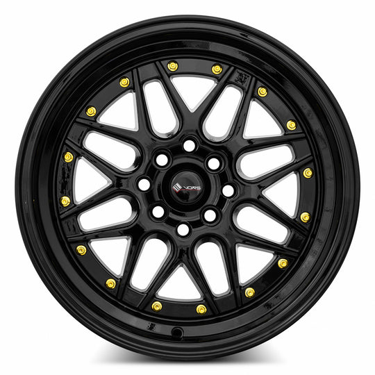 VR0716808H20BK-408 - Vors VR7 16X8 4X108 20MM All Black Gold Rivet - Vors Wheels Canada