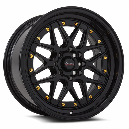 VR0716808H20BK-408 - Vors VR7 16X8 4X108 20MM All Black Gold Rivet - Vors Wheels Canada