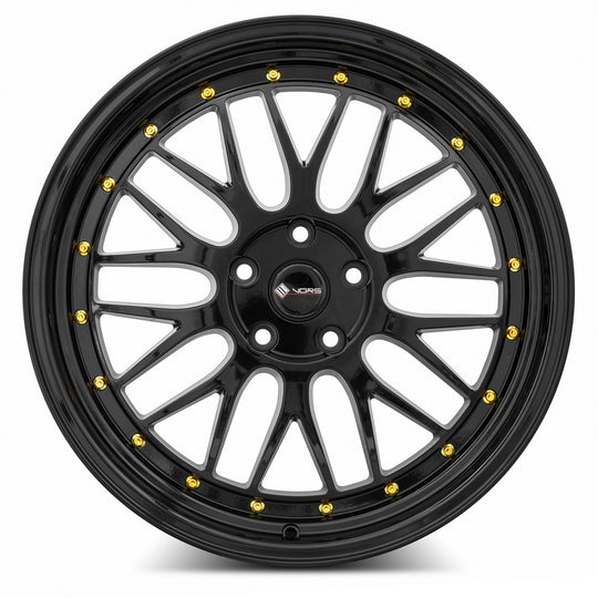 VR08208551435GB - Vors VR8 20X8.5 5X114.3 35MM All Black Gold Rivet - Vors Wheels Canada