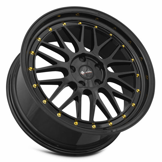 VR08178051435GB-512 - Vors VR8 17X8 5X112 35MM All Black Gold Rivet - Vors Wheels Canada
