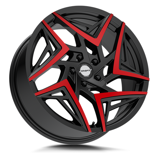 H3688550035GBMRT - Shift H36 Valve 18X8.5 5X100 35mm Gloss Black Machined Red Tips - Shift Wheels Canada