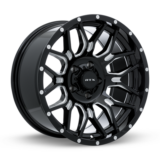 163739 - RTX Offroad Claw 20X9 8X180 ET 0mm Gloss Black Milled with Rivets -  RTX Wheels Canada