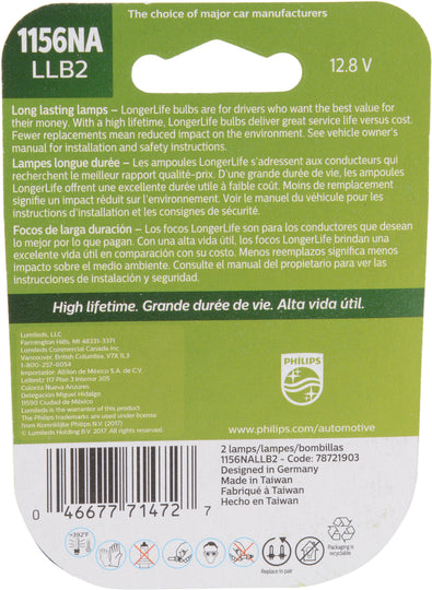 1156NALLB2 Philips LongerLife Miniature 1156NALL - LongerLife - Twin Blister Pack Philips Bulbs