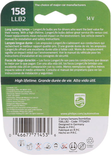 158LLB2 Philips LongerLife Miniature 158LL - LongerLife - Twin Blister Pack Philips Bulbs