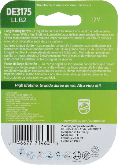 DE3175LLB2 Philips LongerLife Miniature DE3175LL - LongerLife - Twin Blister Pack Philips Bulbs