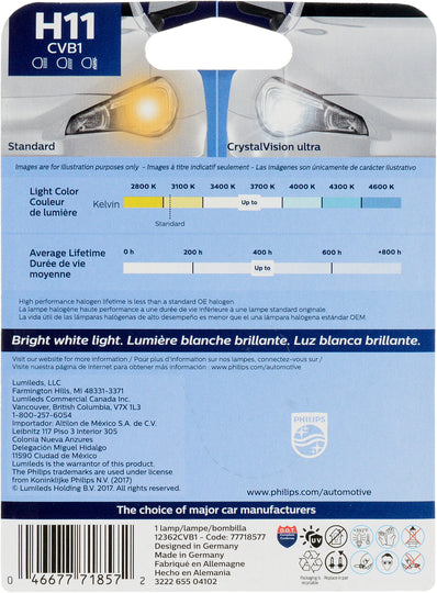 H11CVB1 Philips CrystalVision ultra Headlight H11 - CrystalVision Ultra - Single Blister Pack Philips Bulbs