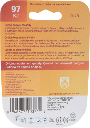 97B2 Philips Standard Miniature 97 - Standard - Twin Blister Pack Philips Bulbs
