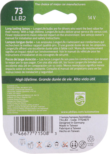 73LLB2 Philips LongerLife Miniature 73LL - LongerLife - Twin Blister Pack Philips Bulbs