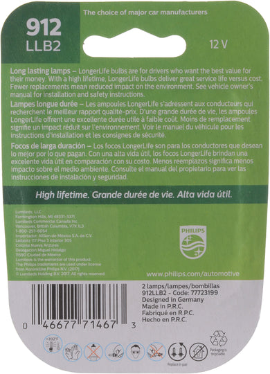 912LLB2 Philips LongerLife Miniature 912LL - LongerLife - Twin Blister Pack Philips Bulbs
