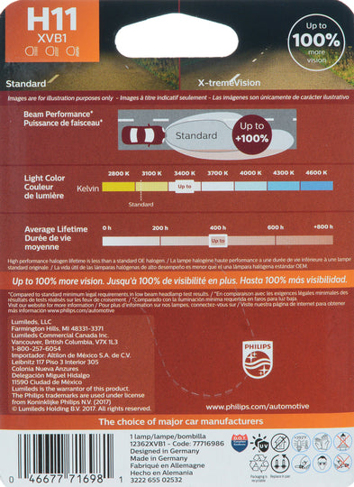 H11XVB1 Philips X-tremeVision Headlight H11 - X-tremeVision - Single Blister Pack Philips Bulbs