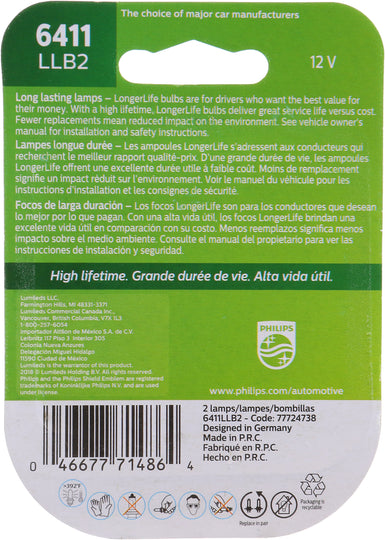 6411LLB2 Philips LongerLife Miniature 6411LL - LongerLife - Twin Blister Pack Philips Bulbs