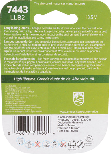 7443LLB2 Philips LongerLife Miniature 7443LL - LongerLife - Twin Blister Pack Philips Bulbs